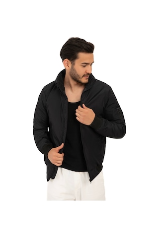 Riverstorm Erkek Siyah İçi Astarlı Dik Yaka Mevsimlik Cepli Su Ve Rüzgar Geçirmez Yağmurluk Siyah