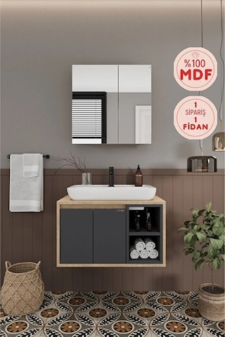 Lale 70 Cm %100 Mdf Lavabolu Banyo Dolabı + Aynalı Dolap Antrasit