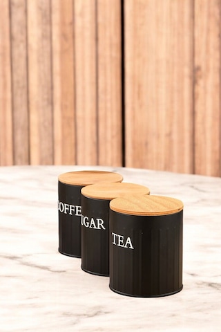 3 Lü Ahşap Kapaklı Metal Saklama Kutusu Çay Kahve Şeker Kavanoz Saklama Kabı Siyah