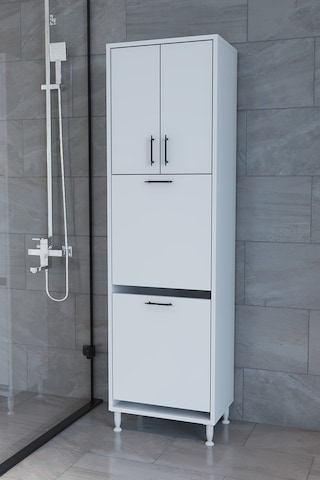 Makbulce Nergiz Beyaz Ve Renkli Kirli Çamaşır Sepetli Çok Amaçlı Banyo Dolabı Beyaz