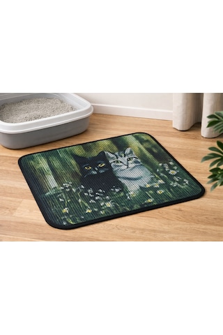 Petesia Kedi Tuvalet Önü Elekli Paspas 60x45 Cm Siyah-beyaz Kediler