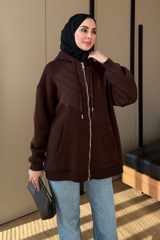 Balenbi Kadın 3 İplik İçi Polarlı Kapüşonlu Tesettür Basic Sweat Hırka 395 Kahvarengi