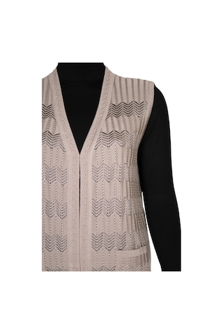 Hesna Kadın Gökçe Triko Ajurlu Boncuklu Cepli Taş Beji Yelek Bej