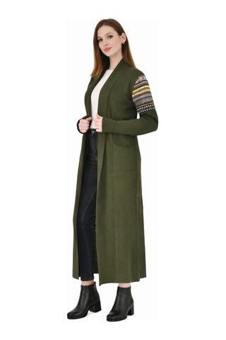 Onno Style Women Kilim Desen Uzun Hırka Haki