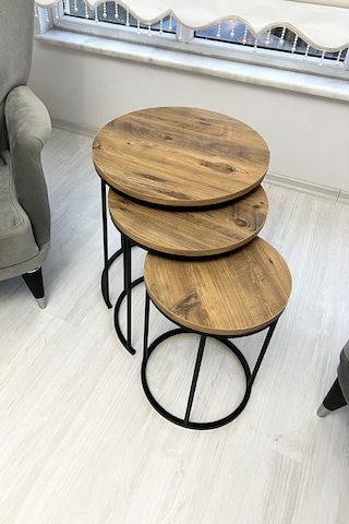Mln Home Üçlü Zigon Sehpa Takımı, Zigon Sehpa Seti, Ceviz Rengi Üçlü Sehpa Ceviz