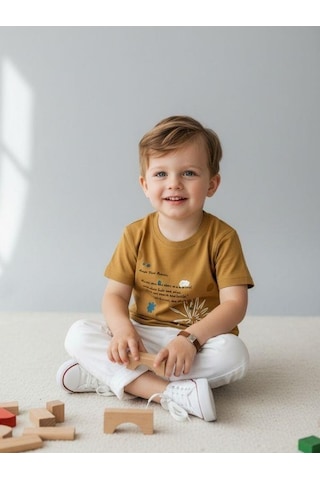 Zekids Erkek Bebek Pamuklu Baskılı T-shirt-16931 Sarı