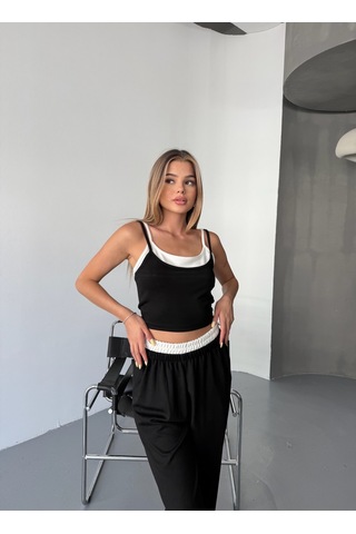 Kadın Çift Kat Detaylı Modal Dokulu Alt Üst Takım Siyah