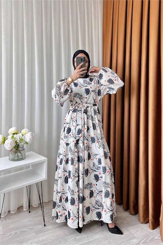 Neşeli Butik Kadın Keten Desenli Tesettür Elbise Sms002 - Siyah Siyah