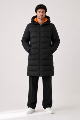 Maison Rae Erkek Uzun Puffer Mont - Parka, Rüzgar Ve Su Geçirmez,turuncu Astarlı, Kapüşonlu, Kışlık Mont Siyah