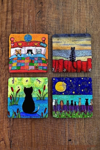 Doğaltaş Bardak Altlığı 4'lü Set - 10x10x1 Kedi Baskılı - Stone Coasters Çok Renkli