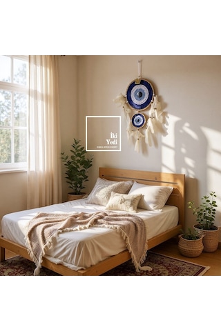 Dreamcatcher 77-3 Çift Halkalı Nazar Boncuğu Tüy Detaylı El Yapımı Duvar Süsü Dekoratif Aksesuar