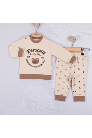 3-18 Ay Erkek Bebek Takımı Persona Bear Nakışlı 2'li Krem Krem