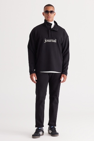 AC&Co / Altınyıldız Classics Erkek Sıyah Loose Fit Bato Yaka Baskılı Sweatshirt Siyah