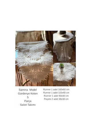 Salon Takımı 5 Parça Dantelli Keten Masa Örtüsü Runner Seti Çeyizlik Samina Model No 85693 Krem Çok Renkli