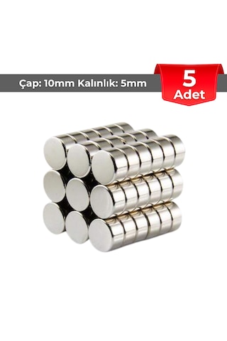 5 Adet Neodyum Mıknatıs Çap 10mm Kalınlık 5mm D10x5 Ndfeb Güçlü Mıknatıs Yuvarlak N014