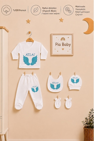 Pia Baby Erkek Bebek İsimli Hastane Çıkışı Seti 5'li Zıbın Takımı Penye Bebek Battaniyesi Ve Ham Bez Kıyafet Kesesi 2017bzkyx Krem