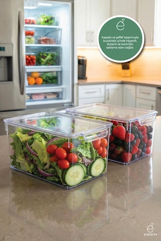 2'li Xxl Kapaklı Şeffaf Büyük Buzdolabı Düzenleyici Saklama Kabı 32.5x20x14.5 Cm Gıda Organizer