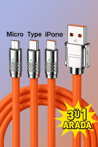 3'ü 1 Arada 120w Hızlı Şarj Kablosu Micro Usb, Type-c Ve Lightning Uyumlu Samsung, Apple iPhone Turuncu - 736617527