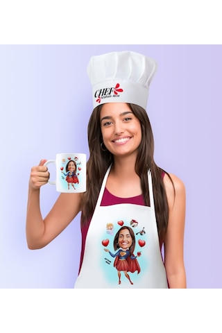 Kişiye Özel Süper Anne Karikatürlü Mutfak Önlüğü Aşçı Şapkası Ve