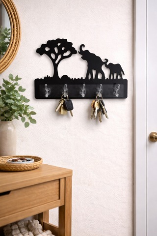 Fil Temalı Dekoratif Duvar Askılığı 6 Kancalı Mdf Anahtarlık Ve Askı 39 X 27,5 Cm Siyah Siyah
