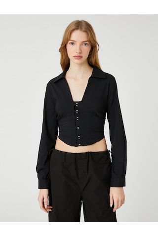 Koton Crop Poplin Gömlek Aksesuar Detaylı Uzun Kollu Asimetrik Kesim Siyah 3sal60097ıw 3SAL60097IW999 Siyah