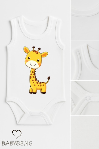 Babyden's %100 Pamuklu Hayvan Figürlü Kolsuz Çıtçıtlı Bebek Body Unisex Zıbın Zürafa Beyaz