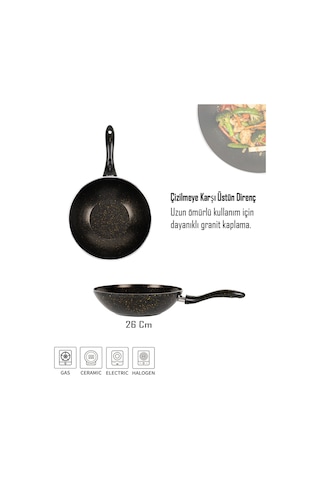 Bonetti Granit Siyah Wok Tava 28 Cm Yapışmaz Yüzey Siyah