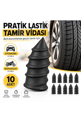 Lastik Tamir Kiti 10'lu Kauçuk Tamir Vidası Otomobil Ve Motosiklet Uyumlu