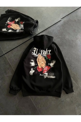 Etiler Collection Üç İplik Penye Uzun Kol Kapşonlu Baskılı Sweatshirt - Siyah