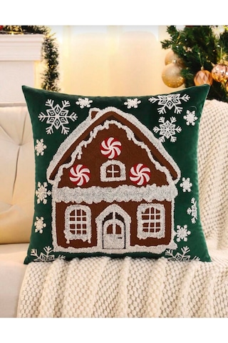 Yeni Yıl Noel Ev Desenli Yeşil Kadife Kırlent Kılıfı