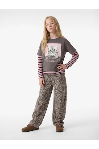 Koton Kedi Baskılı Antrasit Kız Çocuk T-shirt 6skg10105ak Antrasit