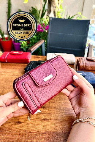 Lavinia Bordo Vegan Deri Kadın Cüzdan Fermuarlı Ve Mıknatıslı 16x9 Cm Bordo