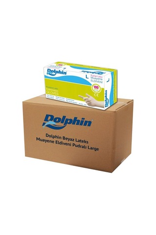 Dolphin Tek Kullanımlık Lateks Beyaz Pudralı Large Muayne Eldiveni - 20 x 100'lü Paket / Koli