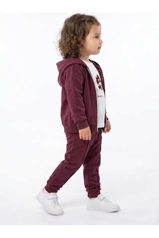 Toontoy Kids Toontoy Kız Çocuk 3'lü Eşofman Takımı Uzun Kollu Bisiklet Yaka Nakışlı T-shirt - Kapüşonlu Fermuarlı Hırka- Beli Paçası Lastikli Eşofman Altı 25042 Mor