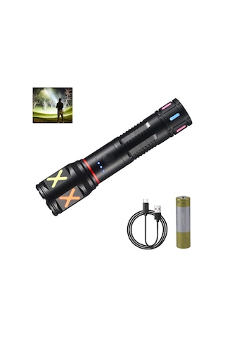 Jeehugo Alüminyum Alyuminyum Feneri 30w Beyaz Işık 2000lm Zoomlu Usb Type-c Şarjlı Kırıcı Pencere Tokatlı Sos Işıklı Set Fener+18650 Batarya+şarj Kablosu+renkli Kutusu Siyah