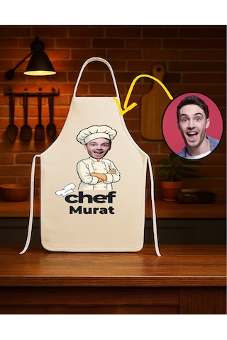 Kişiye Özel Karikatür Fotoğraflı Ve İsimli Mutfak Önlüğü Chef Tasarımlı 1 Krem
