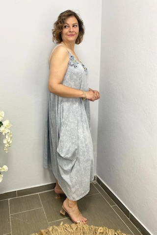 Mia Butik Büyük Beden Gri Pamuklu Şalvar Kesim Çiçekli Elbise Gri