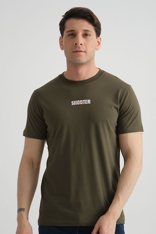 Shooter Sportwear Shooter Erkek T-shirt Minimal Baskılı Pamuklu Kumaş Standart Kalıp Haki