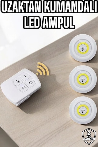Led Lamba 3'lü Uzaktan Kumandalı Yapışkanlı Beyaz Işık Çok Renkli