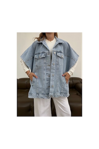 Kene Jeans Kadın Buz Kar Panço Oversize Kot Yelek Mavi