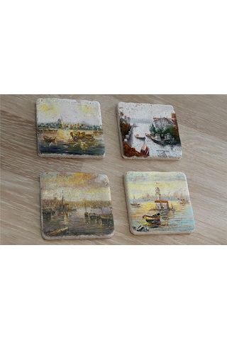 İstanbul Manzaraları Doğal Taş Bardak Altlığı 4'lü Set - Natural Stone Coasters-174276 Çok Renkli