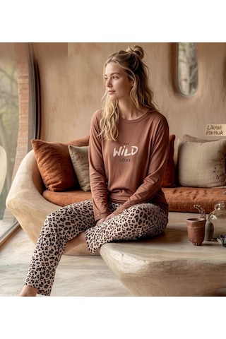 Pijamoni Kadın Likralı Pamuklu Bisiklet Yaka Uzun Kol İnce Pijama Takımı 1300/4 - 1 Adet Kahverengi
