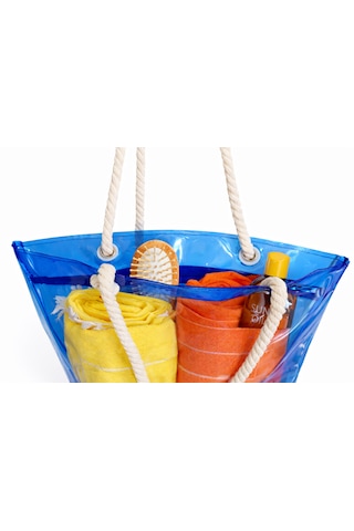 Kadın Şeffaf Plaj Çantası - 50 x 35 Cm- Fermuarlı- Aquatolia Kol Ve Omuz Çantası Mavi