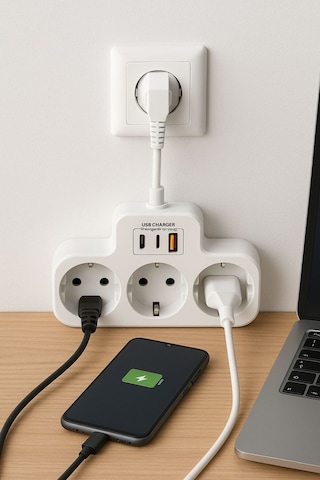 Çoklu Kablolu Priz Yüksek Gerilim Korumalı 3'lü Priz 1x Usb 2x Type-c Çıkışlı Grup Priz Çoğaltıcı 2 M