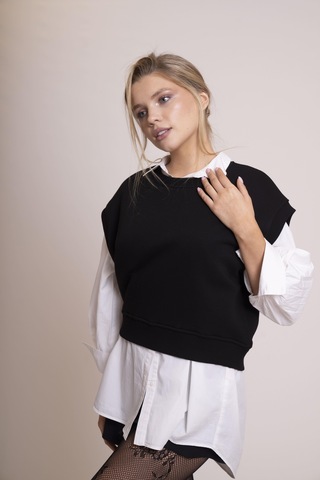 Afloow Delicate Kadın Siyah %100 Pamuk Oversize Kolsuz Süveter Şık Ve Rahat Basic Yarım Kollu Yelek Siyah