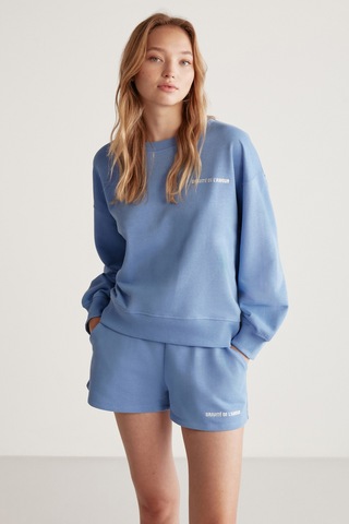 Grımelange Grımelange Jennıfer Kadın Organik Pamuklu Nakışlı Yuvarlak Yakalı Oversize Mavi Sweatshirt Mavi