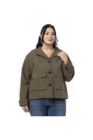 Büyük Beden Dik Yaka Kapaklı Torba Cepli Astarlı Kısa Haki Trençkot Haki