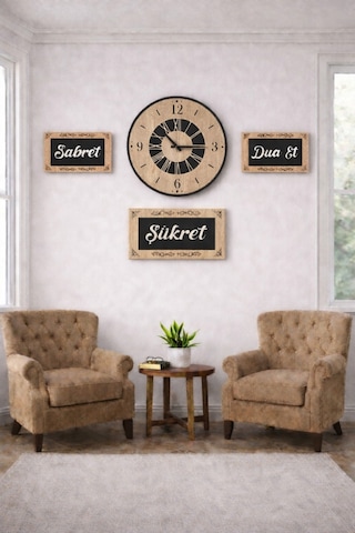 Salon İçin Şık Tasarım Duvar Saatleri Ve 3lu Sabret Şükret Dua Et Temalı No4008 Kahverengi