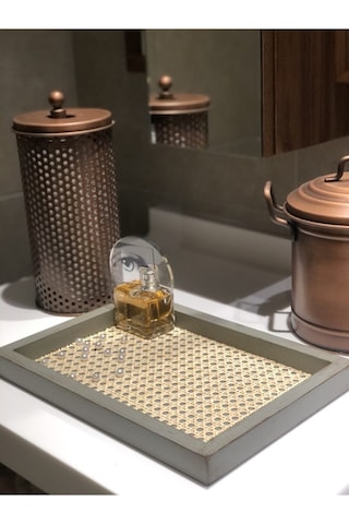 Rattan Hazeran Tepsi Ihlamur Yeşili Eskitme Model Dikdörtgen %100 Doğal Hazeran M026