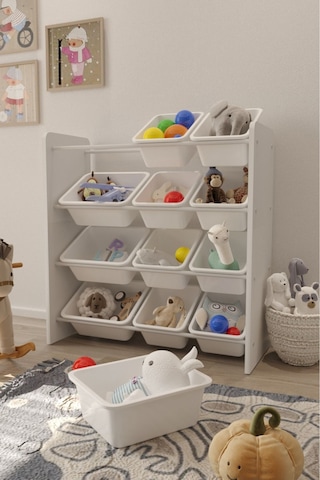 12 Sepetli Çok Amaçlı Oyuncak Dolabı Montessori Dolap Beyaz